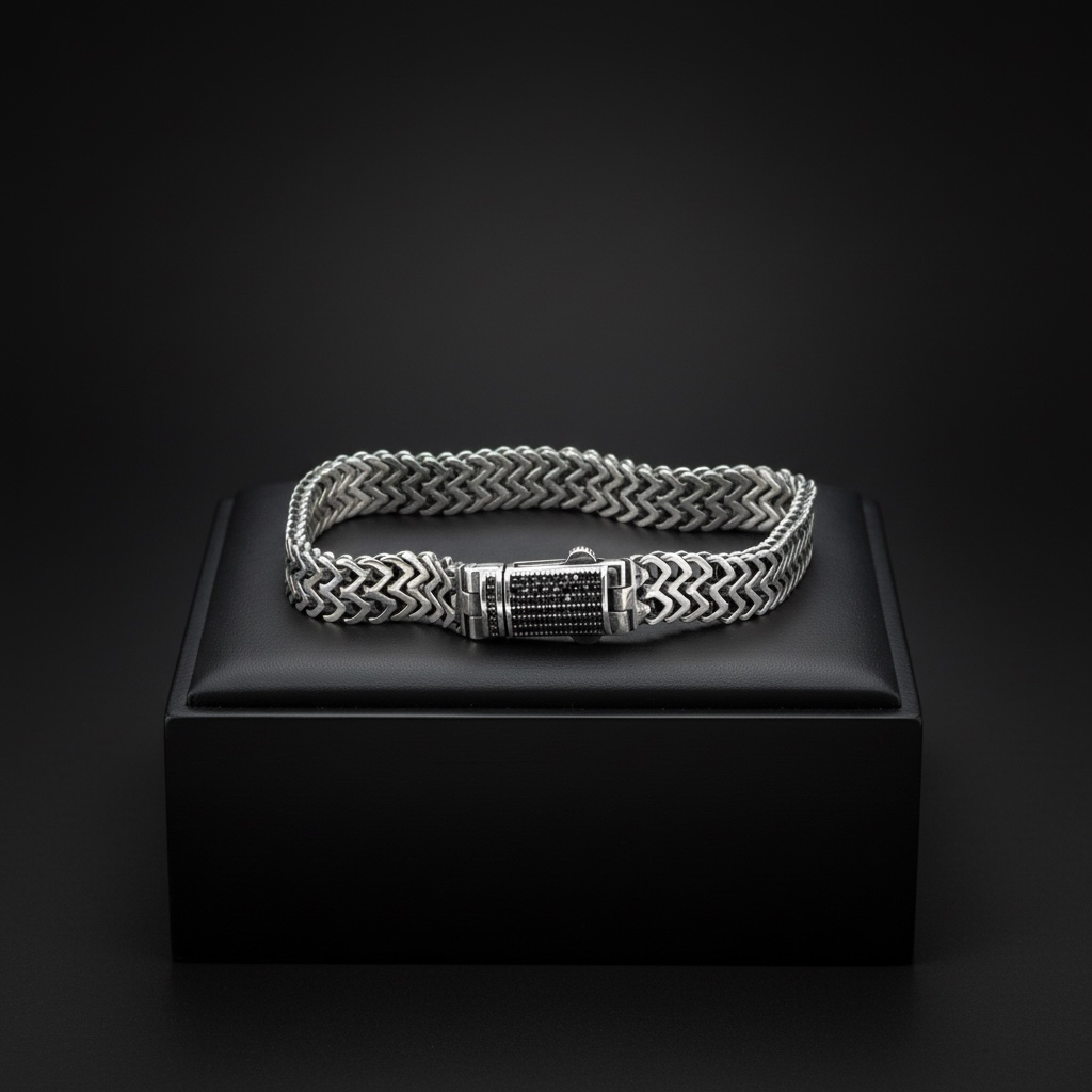 925 Ayar Gümüş Siyah Taşlı Örme Zincir Erkek Bileklik