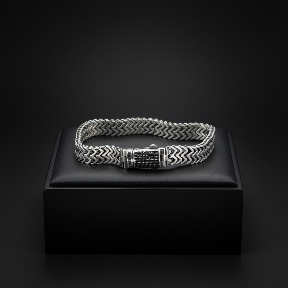 925 Ayar Gümüş Siyah Taşlı Örme Zincir Erkek Bileklik