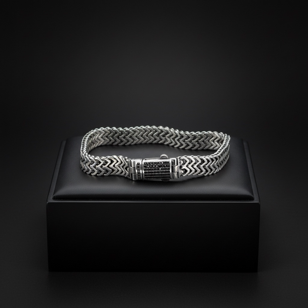 925 Ayar Gümüş Siyah Taşlı Örme Zincir Erkek Bileklik