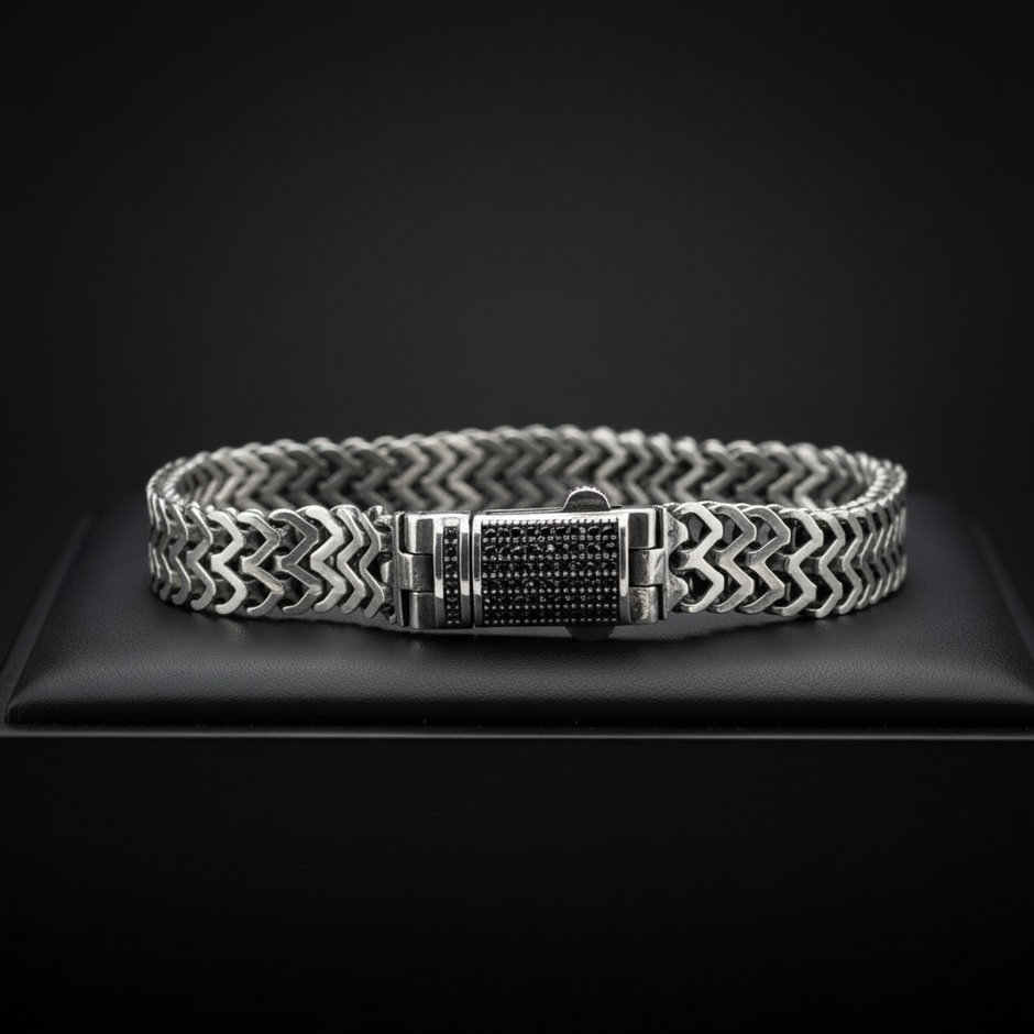 925 Ayar Gümüş Siyah Taşlı Örme Zincir Erkek Bileklik
