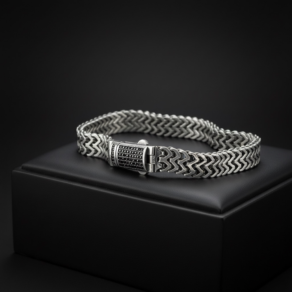 925 Ayar Gümüş Siyah Taşlı Örme Zincir Erkek Bileklik